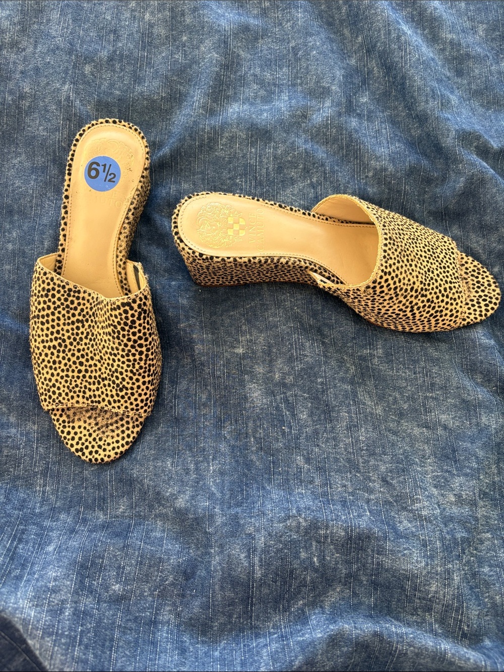 Vince Camuto Tan and Black Spotted Open-Toe Slide Mules